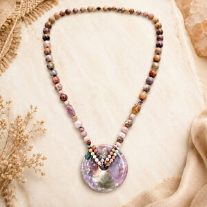Vintage Indian Agate Jasper Beaded Necklace Donut Pendant Boho Earthy Luxe 32"